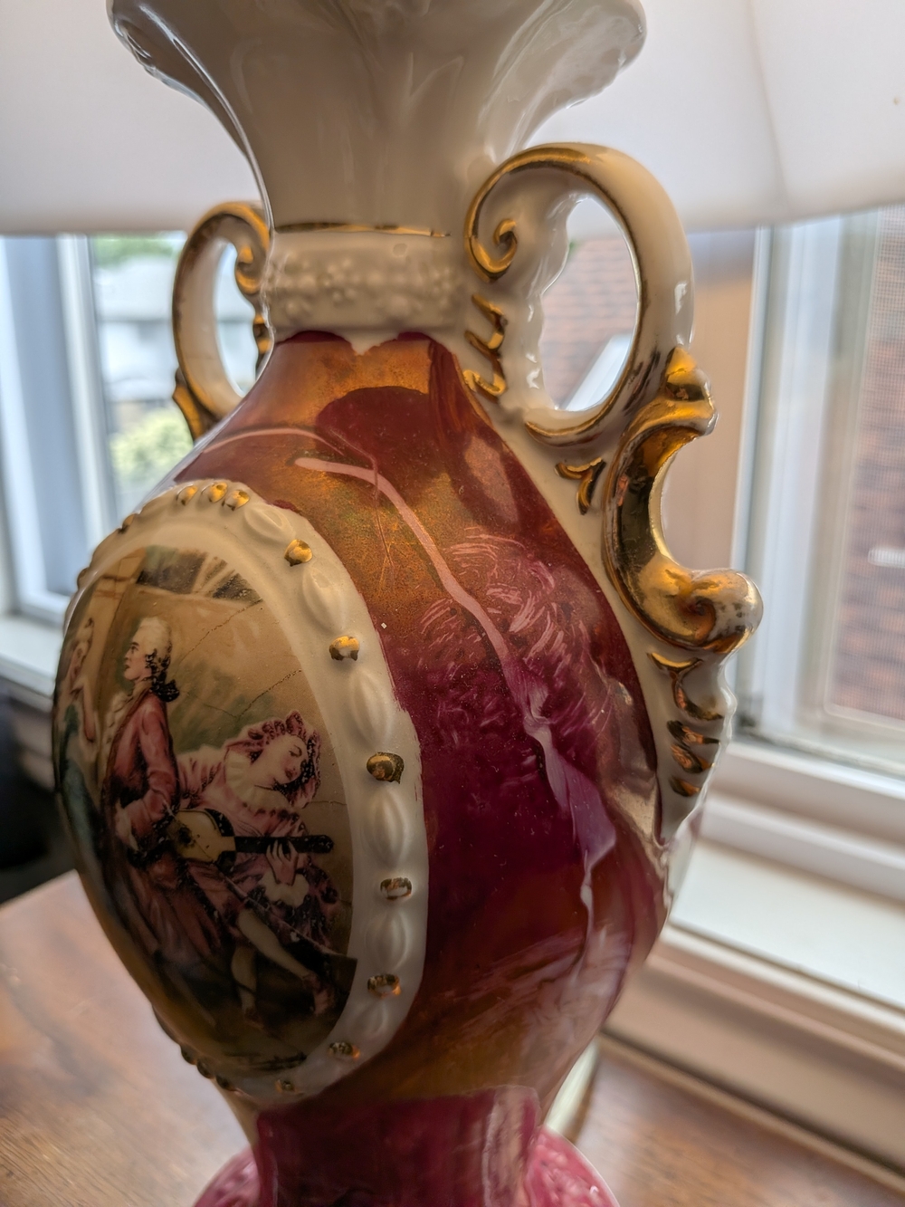 Mid-century Rococo Style Burgundy & Gold Porcelain Figural Urn Table Lamp - Picture 10 of 16
